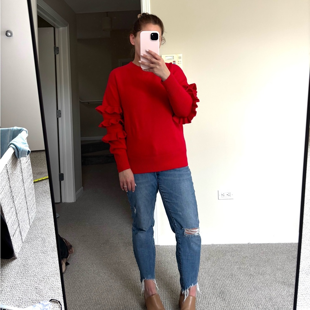 Line & Dot Red Ruffled Crew Neck Sweater